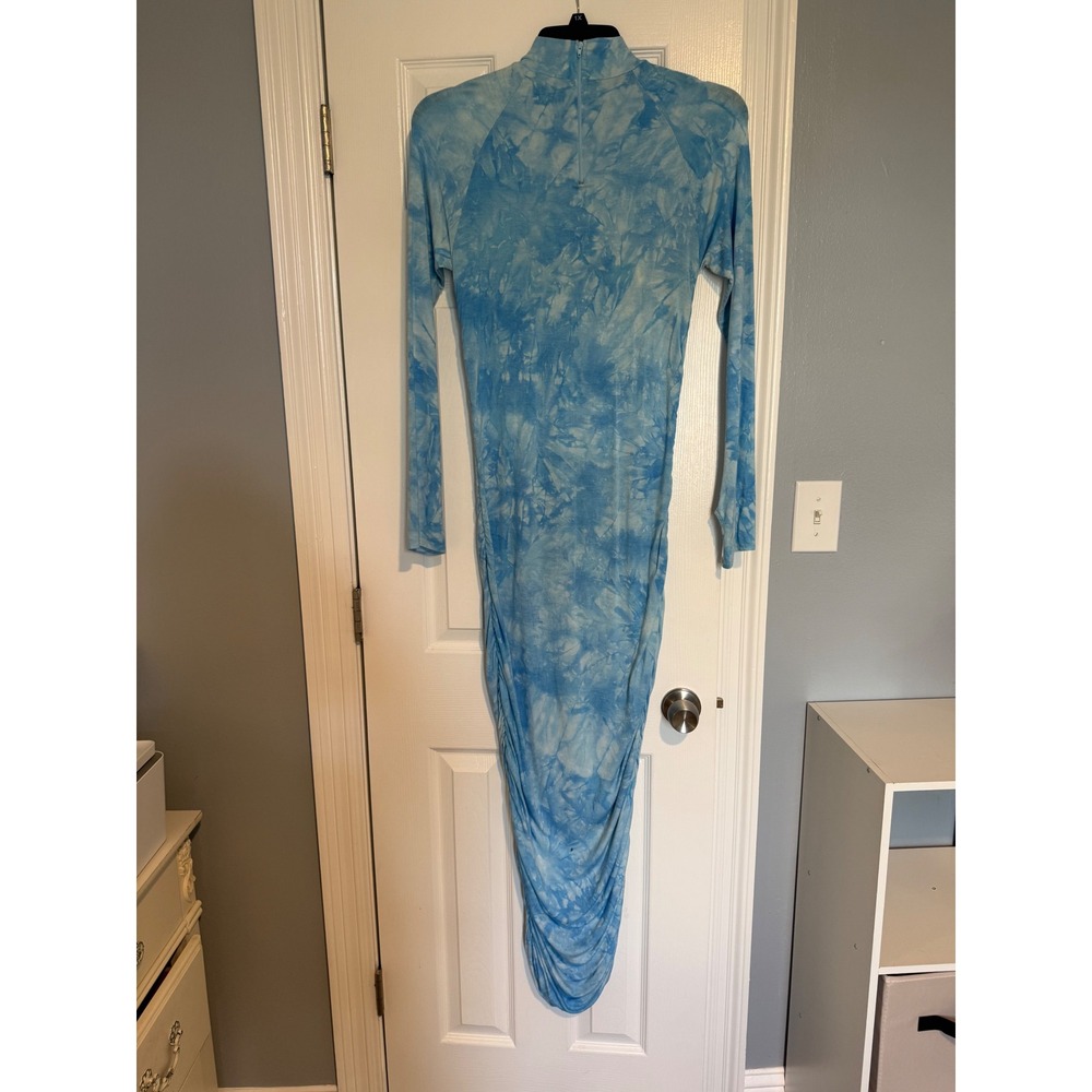 Fashion Nova Blue Tie Dye Mock Neck Ruched Maxi Dress XL Long Sleeve Bodycon - Picture 2 of 7